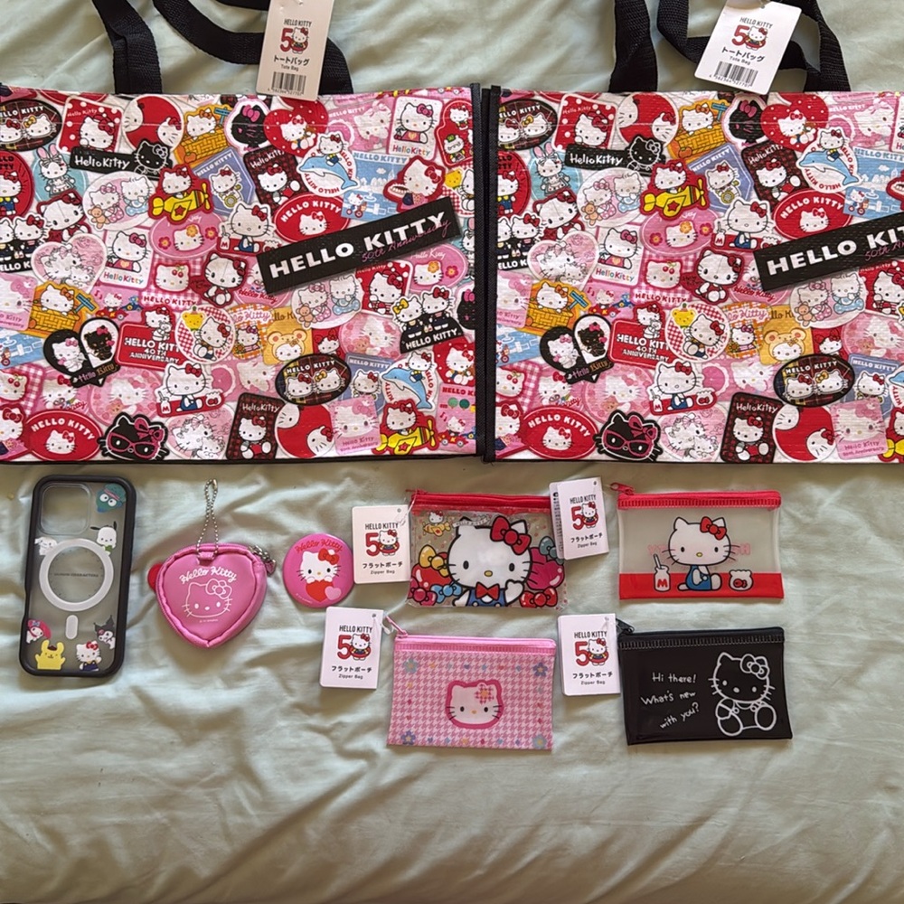 Two Hello Kitty eco tote bag & four pouches & iPhone case & button & pouch